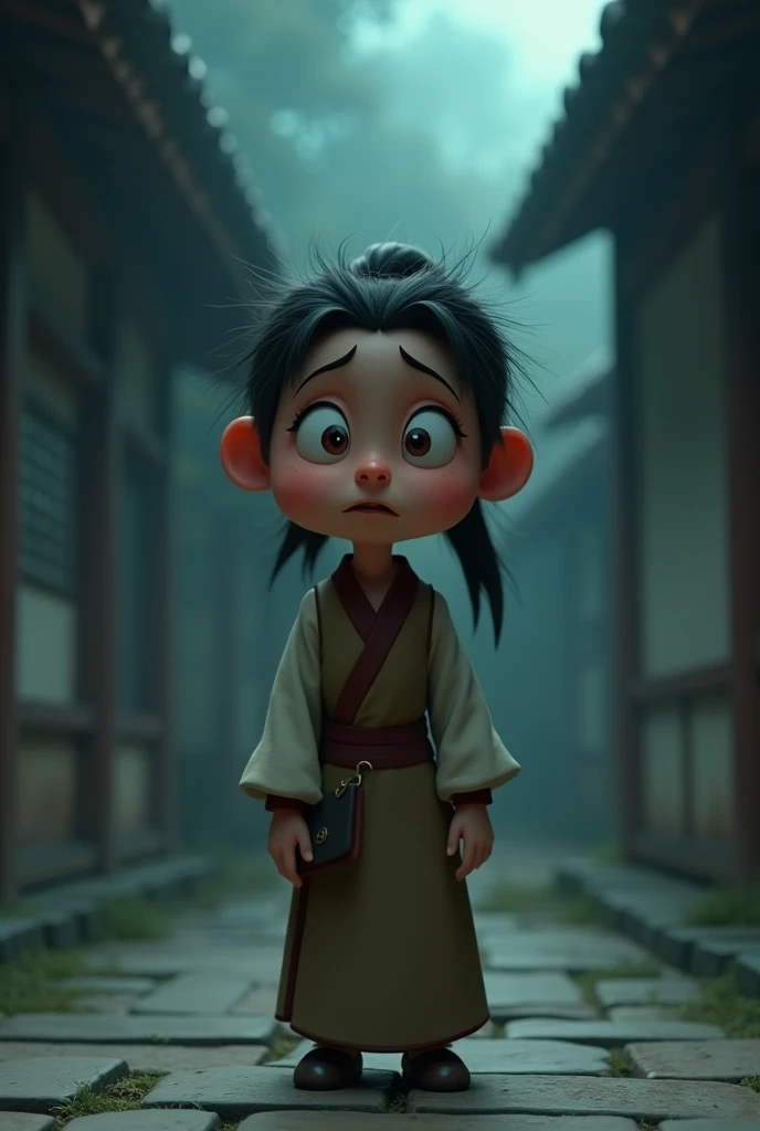 Create 3d animation cartoon style*Mysterious Woman**: A middle-aged woman with a worried expression, dressed in traditional attire. She is standing alone, looking anxious and pleading.