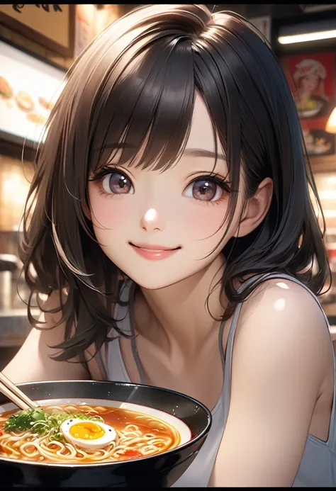 Realistic photos (1 Cute Korean Actress), Tank top, At a ramen shop, smile, Canon EOS, Distinct facial features, Close-up portrait, Cinematic Mode, 8k