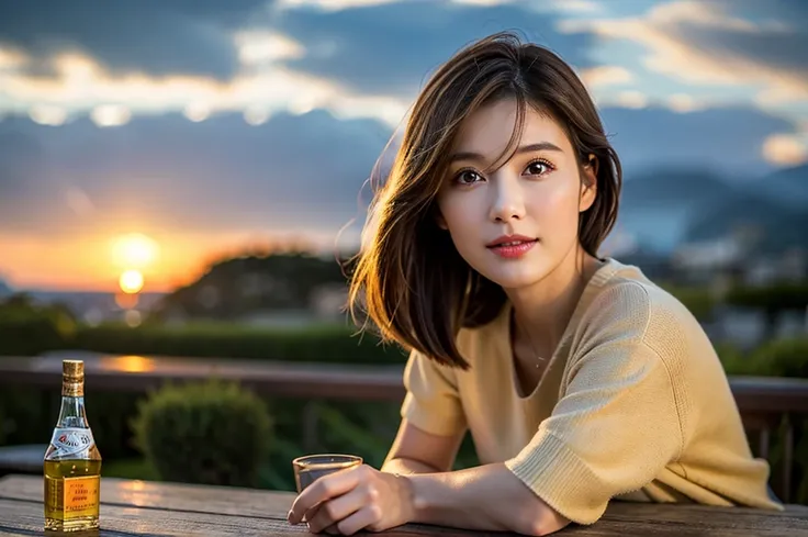 (Realistic, 超Realistic:1.4), 16k hdr, High resolution,Brown short hair,Smile、The best smile、lover、Japanese actress,Super Beauty(Like the real thing),Short sleeve dress,Whiskey bottles、The Macallan、Johnnie Walker、、Old Parr、whiskey、Suntory、Nikka、Slim couple、...