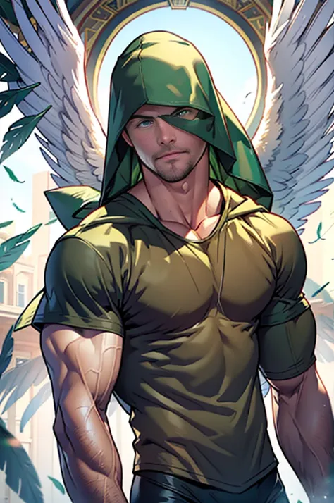 Clear background、A handsome tall man standing((((StephenAMELL)))),He is 40，Thin waist，The pectoral muscles are well developed, He is 175cm tall，Weight 72 kg、blue-green eyes、dark blond hair color、short hair, shirtless with 2 spread angel wings、veil underwea...