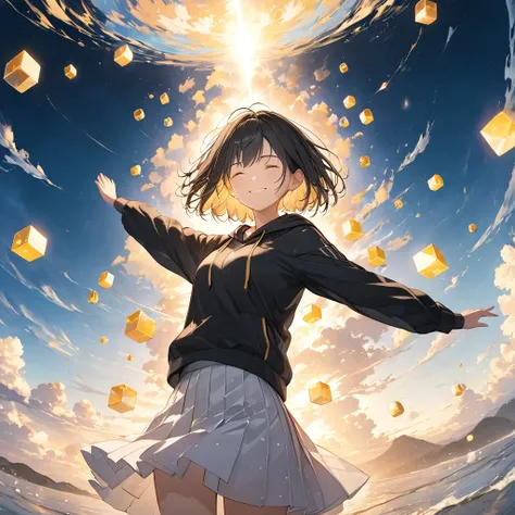 anime、((Amazingly absurd)),(masterpiece:1.2),超High resolution, Attention to detail, high quality, High resolution, 最high quality, 4K, 8k、Woman stretching her arms out in front of her,A floating cube in front of the chest,yellowのキューブ,Shine,Ultra-mysterious,...