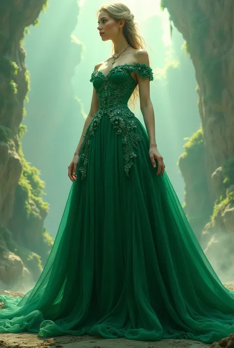 Giant women wearing green emerald satin dress