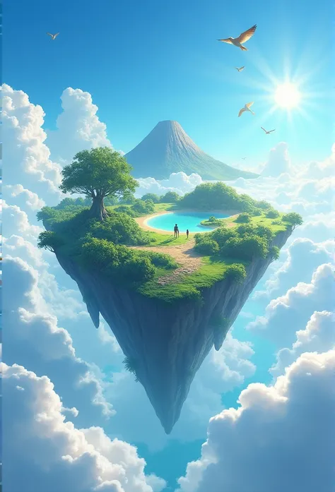 In the vast blue sky lay an island floating on soft white clouds. Sunlight illuminates the islands green land, creating a stunning panorama. Exotic birds fly around him singing sweet natural songs. A gentle breeze blew gently through the hair of the peacef...