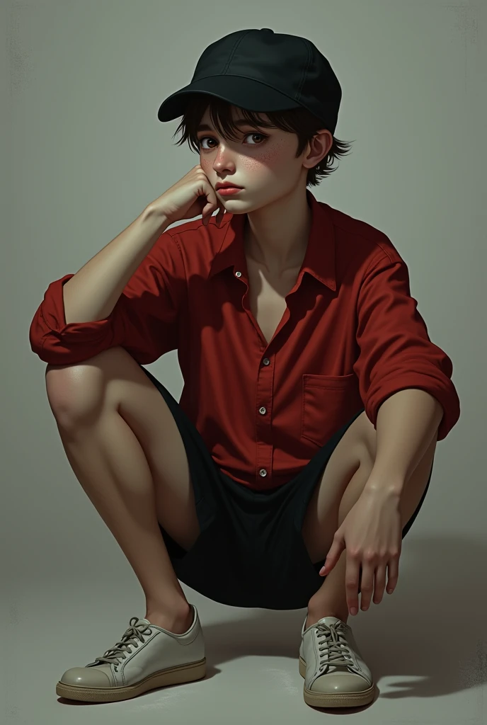 Create an image of a male  with spots on his face wearing a black cap, brown eyes, sad, wearing red clothes, black shorts, white skin, black shoes 