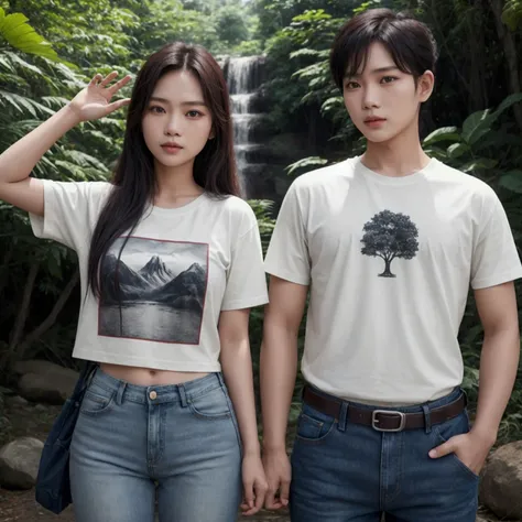 Thai couple+T-shirt and jeans+stand+Look at the camera.+In the middle of nature+beautiful+Premium photos+Clear details+beautiful face+Most realistic