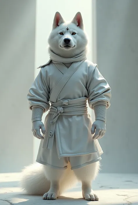 A anthropomorphic white Akita. With a star-shaped marking on his forehead. In a silver martial arts outfit. 