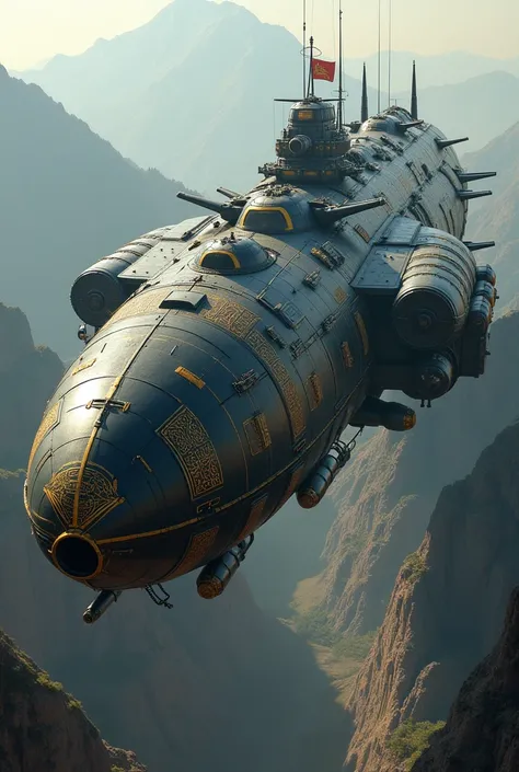 Large engine, Two fuselage、Large dieselpunk airship, Ultra high definition, mega highly detailed, Very detailed, expensive, Giant,  aircraft, 1943, Very detailed,Heavily armed、Battleship turret、Triple gun、movieのような光、Shot with a film camera、Ancient royal fl...