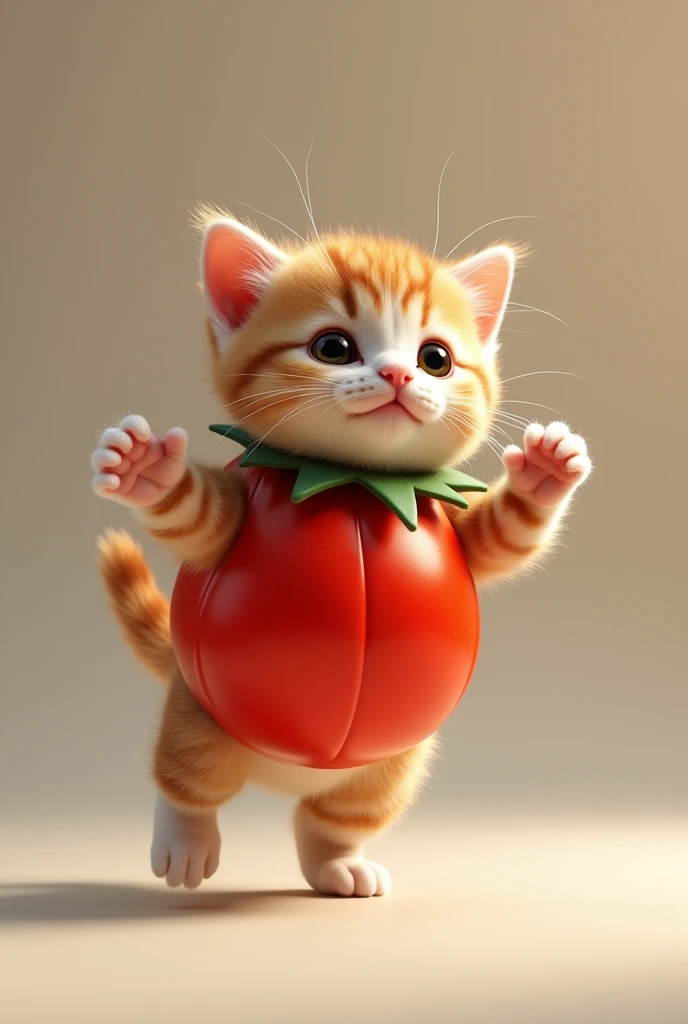 A cute, realistic kitten dancing in a tomato costume