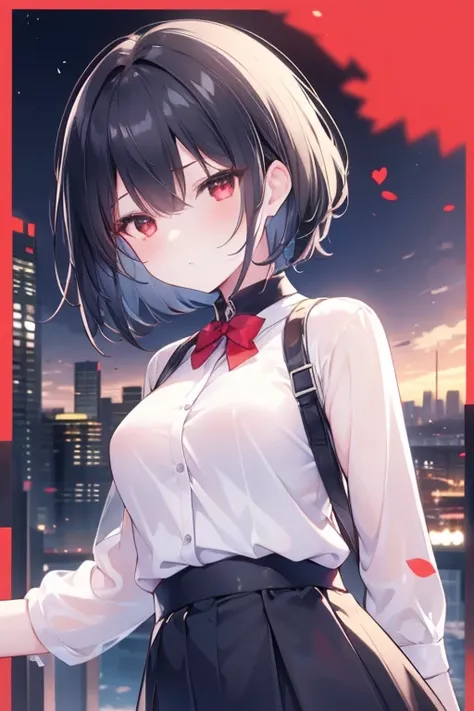 1girl, Solo, Best Quality, High Resolution, Detail, High Details, Black Hair, Short Hair, medium breasts, Red Eyes, flat expression, white shirt, black skirt, city view, Border, Anime Style, 