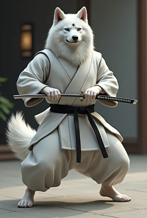 A anthropomorphic white Akita. With a star-shaped marking on his forehead. In a silver martial arts outfit. Doing a Iaido pose. 