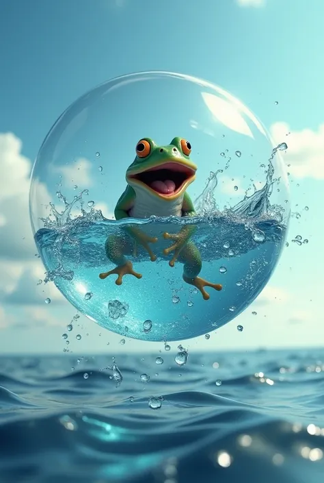 A floating mass of water，Shiny and shiny，As bouncy as a flying balloon，The water mass is flying in the sky，A frog swimming in a mass of water，high resolution，Real，On the surface of the ocean, it opens its mouth wide and waits for the frog to fall in.