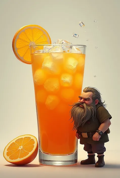 A dwarf man stands in front of a glass filled with iced orange juice.