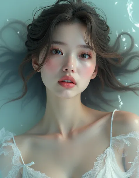 a woman in liquid, beautiful detailed eyes, beautiful detailed lips, extremely detailed eyes and face, longeyelashes, elegant dress, flowing hair, surreal, ethereal, glowing skin, magical, dreamlike, soft lighting, pastel colors, cinematic, high quality, 8...