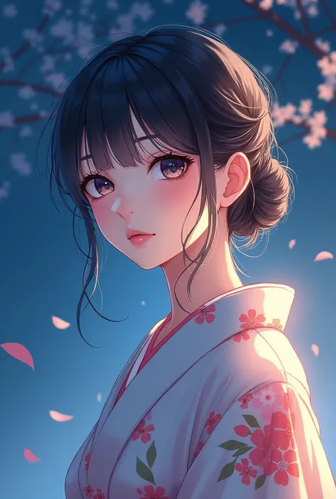 A beautiful woman wearing a yukata on a midsummer night, with the focus on her upper body. The style is watercolor, featuring soft brushstrokes and transparent layers of color. The colors overlap delicately, creating a beautiful blending and bleeding effec...