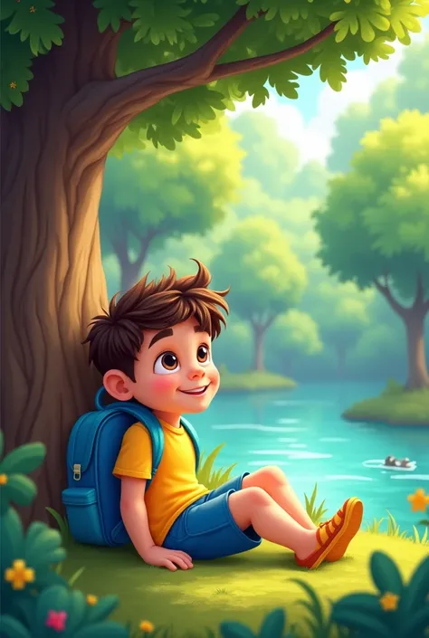 a young boy who wears a yellow shirt and blue short pants also blue backpack, rest under the tree nearest the river. cartoon version please