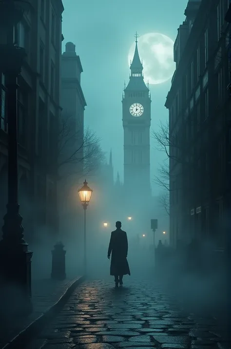 Night with thick fog and an old street with Big Ben in the background 