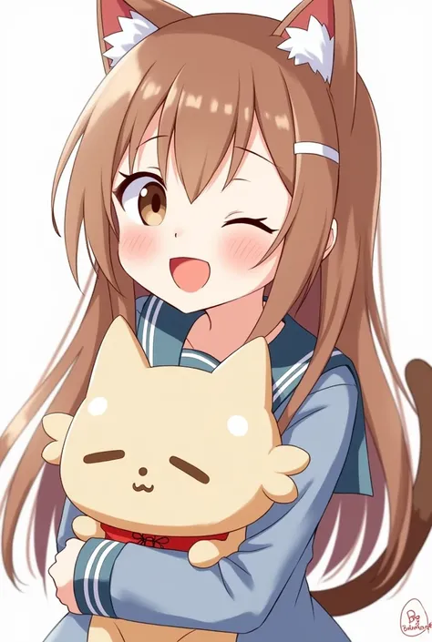 Anime girl with brown hair, long hair, brown eyes and with uniform with cat ears, openall mouth, happy, holding sutuffed animal 