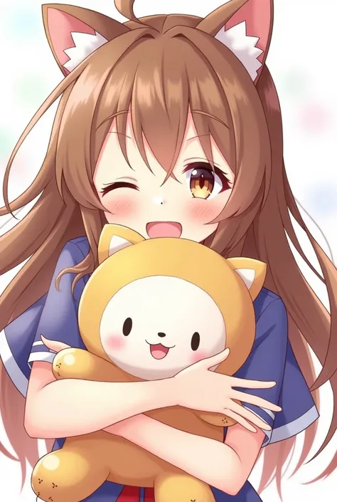 Anime girl with brown hair, long hair, brown eyes and with uniform with cat ears, open mouth, happy, holding sutuffed animal 