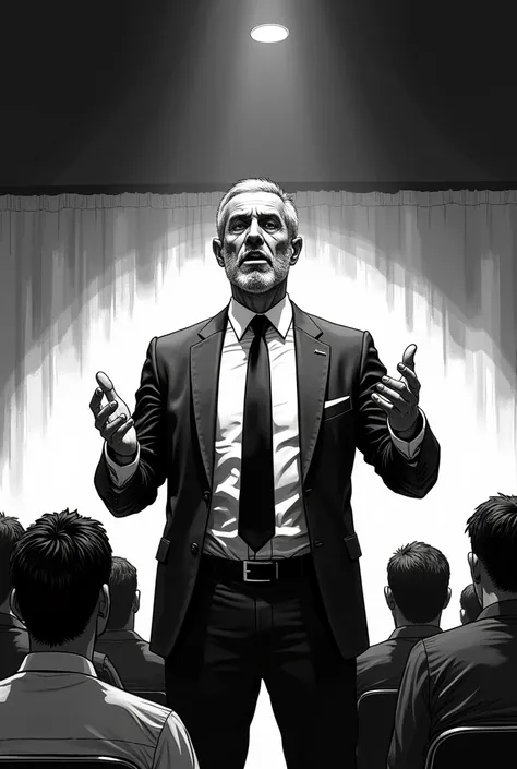 Realistic comic style black and white image of a man speaking at a presentation