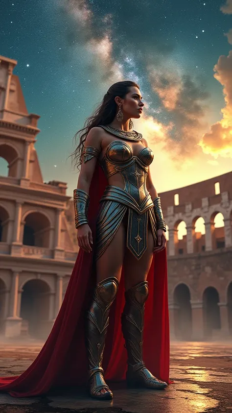 Hermosa mujer gladiadora con armadura metalica estilo amazonas, the Colosseum in Rome, Italy,, Photo realistic, Celestial, colorful stars々が輝くnight sky, fantasy theme, clearly visible, Cinema lighting, vivid lighting, dramatic atmosphere, Highly detailed, 8...