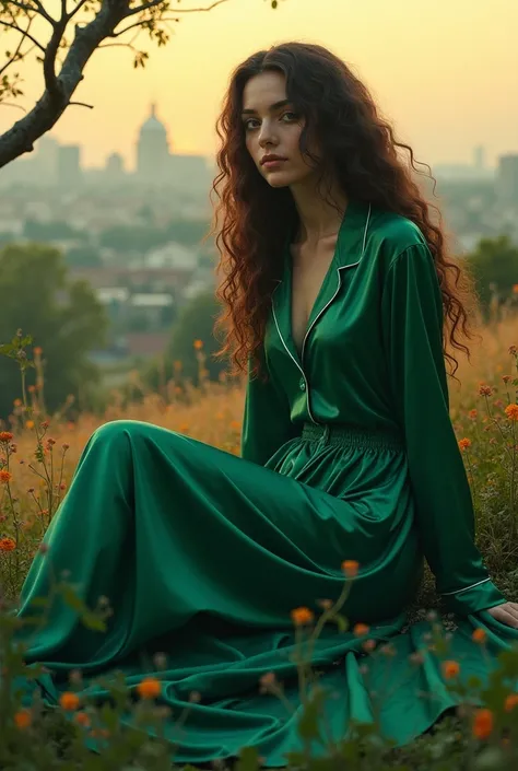 (photorealism:1.2),giant  beautiful woman, sitting on country , wearing emerald green satin pajams , long curly hair, outdoors, soft lighting, city in background, eating peoplr, realistic, intricate details, warm colors, by Greg Rutkowski, by Alphonse Much...