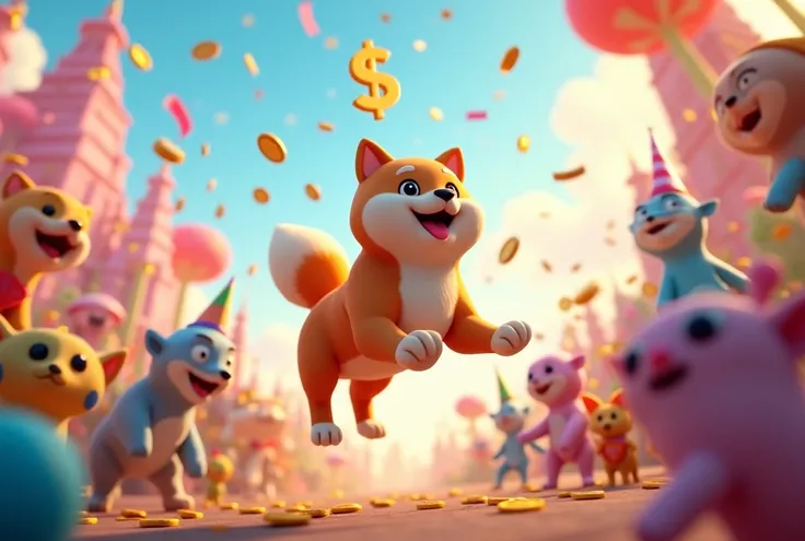 shiba inu reached 1$, celebrating people, cartoon, fantasy, low polly , animated 