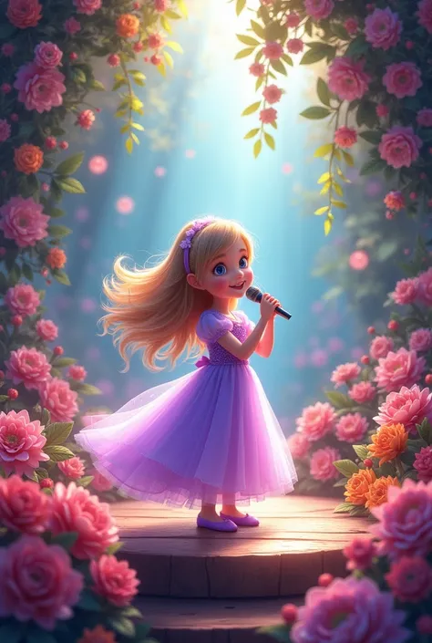 Small girl in purple long frock sing holding a mike in a stage with full of flowers 
