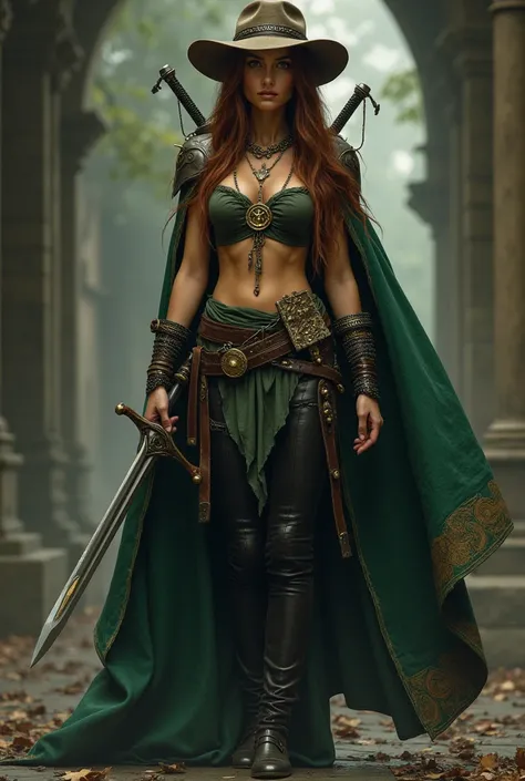 medieval setting, full-length view (plump sensual lips, Indiana Jones hat on her head, 1 girl, tanned elven face, beautiful tiger eyes, brown hair with a reddish tint to the waist), two swords behind her back, a crossbow on her belt, a green cloak behind h...