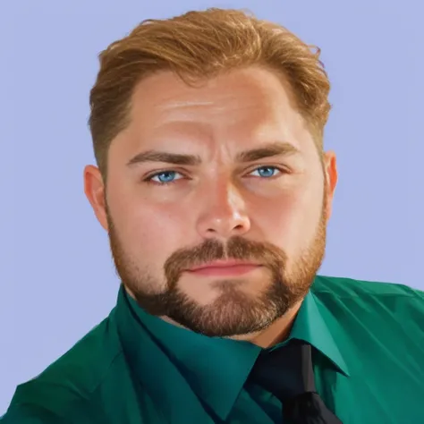 a man with a medium beard, brown hair and blue eyes, a black shirt and tie.