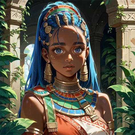 ((highest quality)), ((masterpiece)), (detailed), （perfect face）、the woman is flora, an african tribeswoman, with blue hair, dar...