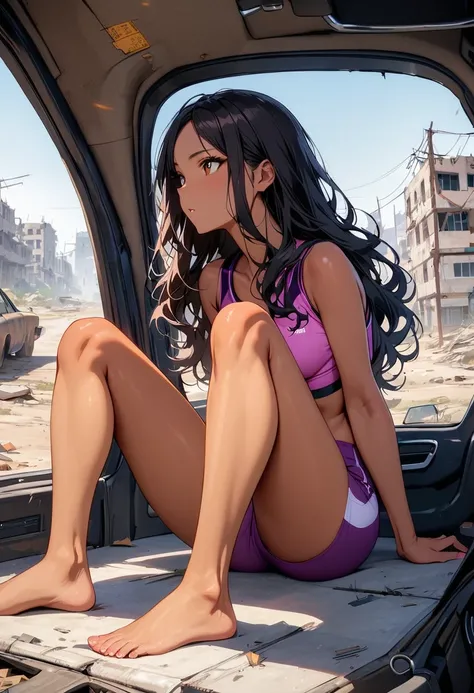 (masterpiece, best quality:1.3), a young woman, 19-years-old, solo, mature face, average height, tan skin, slender figure, (long black wavy hair thats parted in the middle, no bangs:1.2), brown eyes, looking off into the distance, pale magenta sports bra, ...