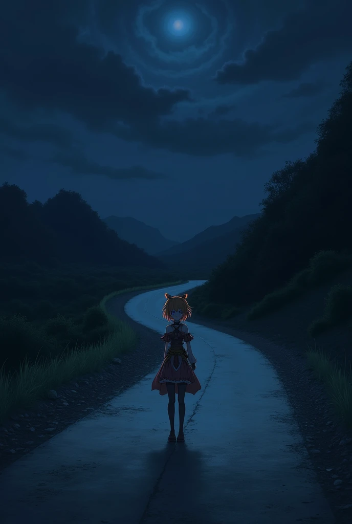 Make some picture a anime standing on a road background should be night the man is standing on a black vackground in 16:9 ratio