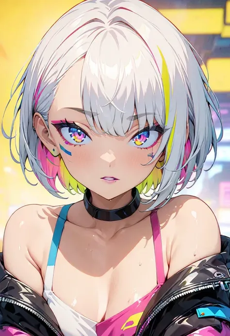 (masterpiece, Highest quality:1.4), 1 girl, solo, Anime Style, colorful students, Blurred vision, Pink lower lip, Cyberpunk makeup, Silver asymmetrical short hair, Asymmetrical short hairstyles, Long bangs on one side, Color Highlights, Black off-the-shoul...