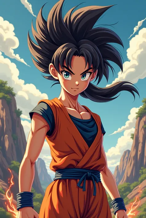 Create a Saiyan woman daughter of Goku anime style