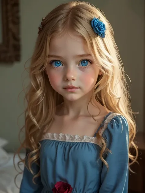 a cute young girl,  with blond wavy hair and blue eyes wearing a blue nightgown from the 1890's. only her face, just a little ro...