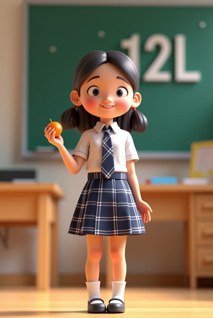 3D school girl in uniform ( White shirt, shirt collar; navy blue white plaid women&#39;s tie; knee length dress, navy blue white plaid dress; separate shirt and skirt;  wear white ankle socks; wear doll shoes). The girl standing in the classroom, and stand...