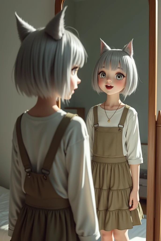 (8k, Photorealistic, RAW Photos, Highest quality: 1.4, detailed),A Japanese idol-like beautiful girl,1 person,1,(Short wolf cut hairstyle),(Silver Hair),She has her hair tucked behind her ears,Large, clear gray eyes,Long eyelashes,(piercings(small)),(Lip g...