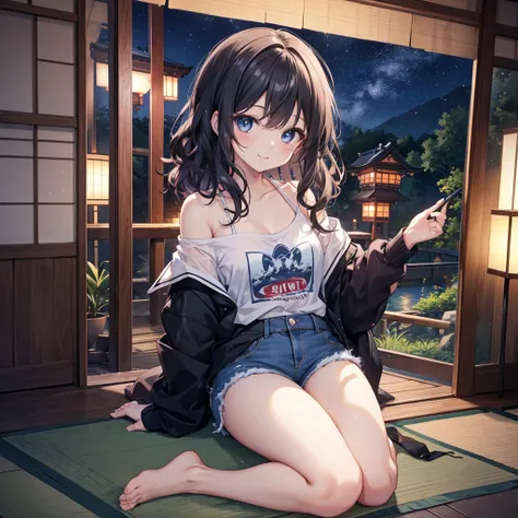 CG, Unity, 8k, wallpaper, Highest quality,sunlight、Perfect lighting、 masterpiece, Amami Haruka, (smile: 1.2), 1 high school girl、Black Hair、Curly Hair、blue eyes、Thick lips、black t-shirts、Off the shoulder、 BREAK Denim Shorts, barefoot, Thighs, Best lighting...