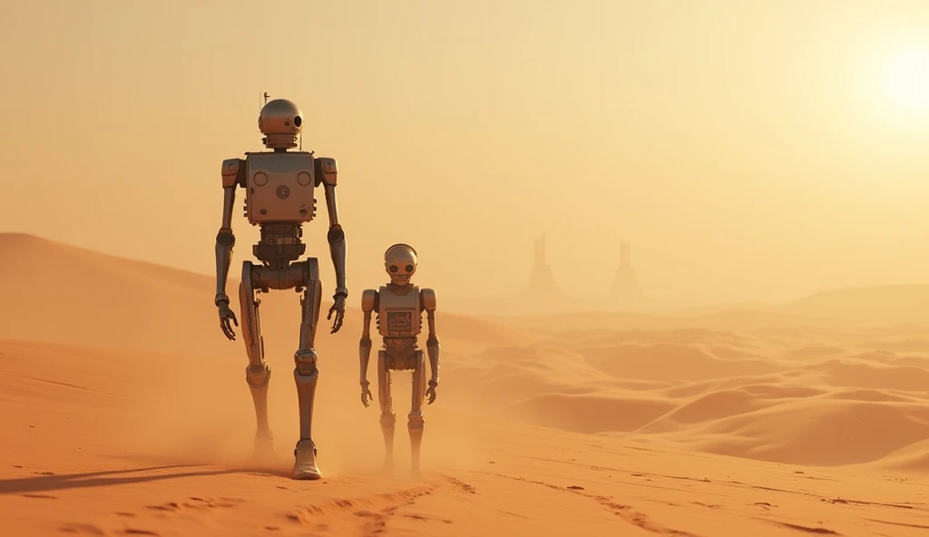 2 droids in large desert, human type and 樽 type,