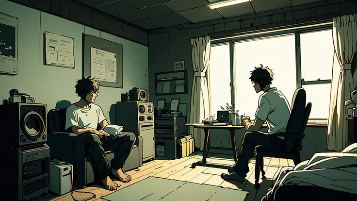 night、Two men listening to music in a cozy room,The two of them are facing each other,, Use headphones, 2D anime style, Lo-Fi, hard disk, Dark Environment