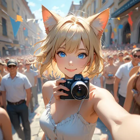 　Beautiful girl, short blonde hair, high resolution, looking at the audience, smile, shill, blue eyes, animal ears, decorations, Cowboy camera angle, cat ears, Impressionism, Anatomically correct, best quality, 