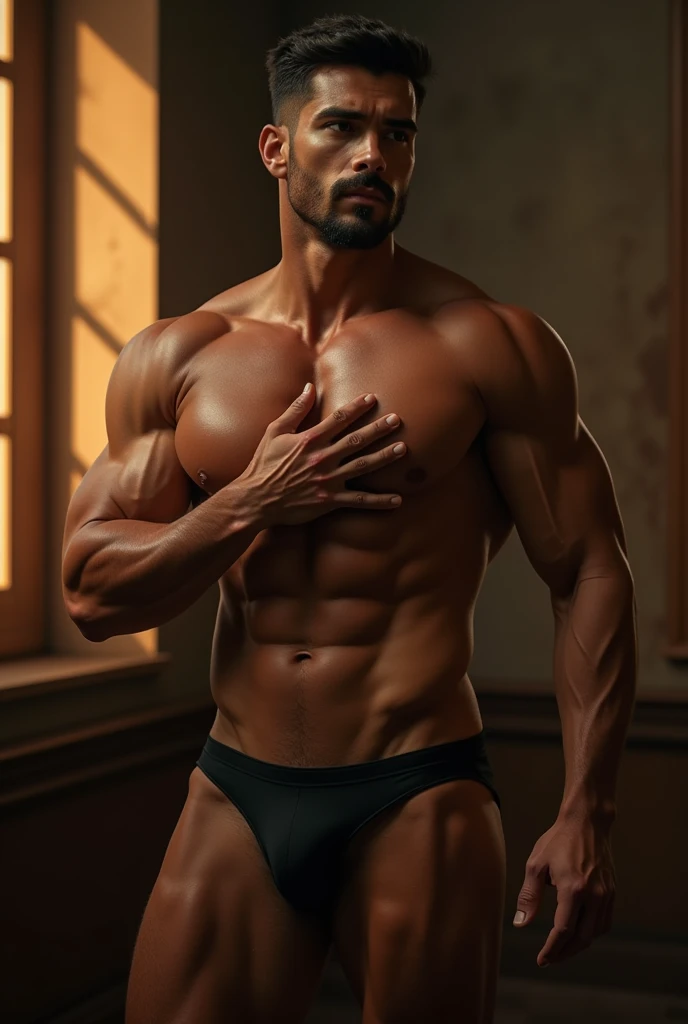 muscular hunk in black thong, touching his chest, big pecs, six pack abs, hyper realistic, 8k, highly detailed, cinematic lighting, dramatic shadows, warm color tones, chiaroscuro style, tasteful, glamour, editorial fashion photography