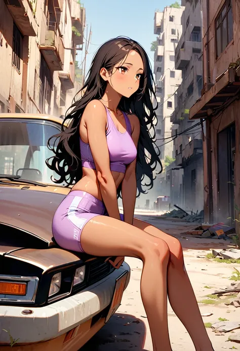 (masterpiece, best quality:1.3), a young woman, 19-years-old, solo, mature face, average height, tan skin, slender figure, (long black wavy hair thats parted in the middle, no bangs:1.2), brown eyes, looking off into the distance, pale magenta sports bra, ...