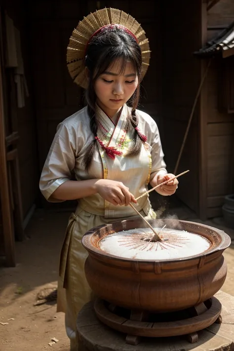 A beautiful asian village girl with traditional outfit, looking attractive, cooking flower Cristal cake in traditional way