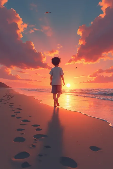 A boy walking alone on a deserted beach at sunset.