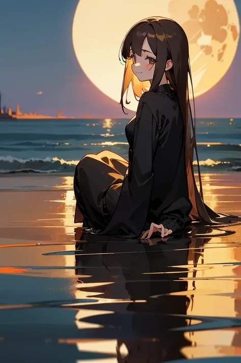 masterpiece, Highest quality, Very detailed, Outdoor, nature ,Coastal, {Simple Background},Reflective Water, girl, Black camisole、(Black cardigan:1.2)、{Black long skirt}, Happy, smile, Sitting on the floor, (avert your eyes:1.2) ,Brown Hair, amount、 Long H...