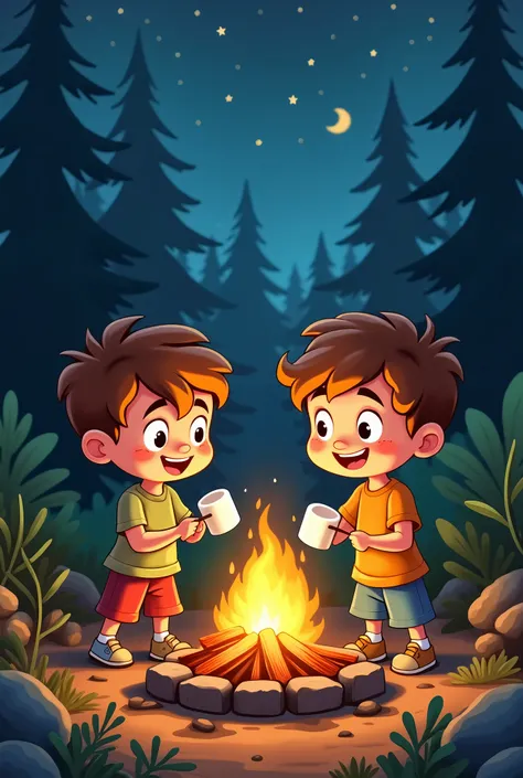 2 little cartoon  boys roasting marshmallows on campfire