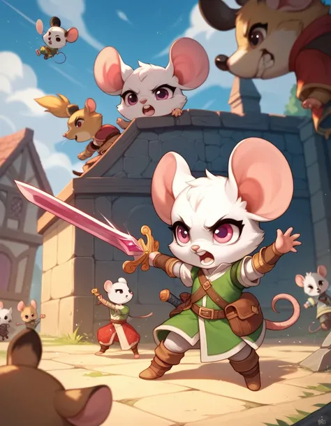 sword fight, mouse anthro girl, child, fantasy, rapier, chibi, white fur, pink eyes