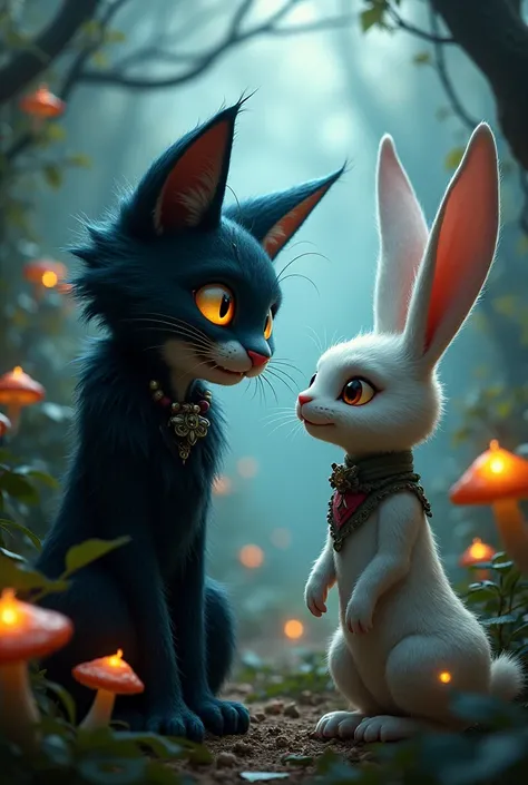 Make a picture exactly like the cat and the rabbit from the movie Alice in Wonderland, make the cat look like a gothic evil and playful, and the rabbit should be tender but not too tender, both male, That there is a magical garden around them and that they...