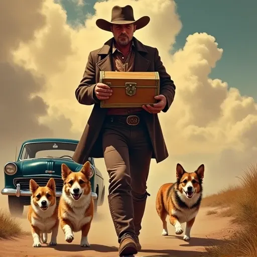 Now the master is carrying the chest in cowboy and moving towards the home with group corgi dog shepherd Sparkle Effect, Promotional poster, Sparkle Effect, blue eyes, american style propaganda poster, Cinematic light effects,  classic car